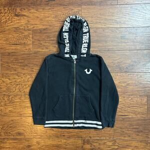 True Religion Y2K Kids Black Zip-Up Hoodie With Logo Hood Size 6